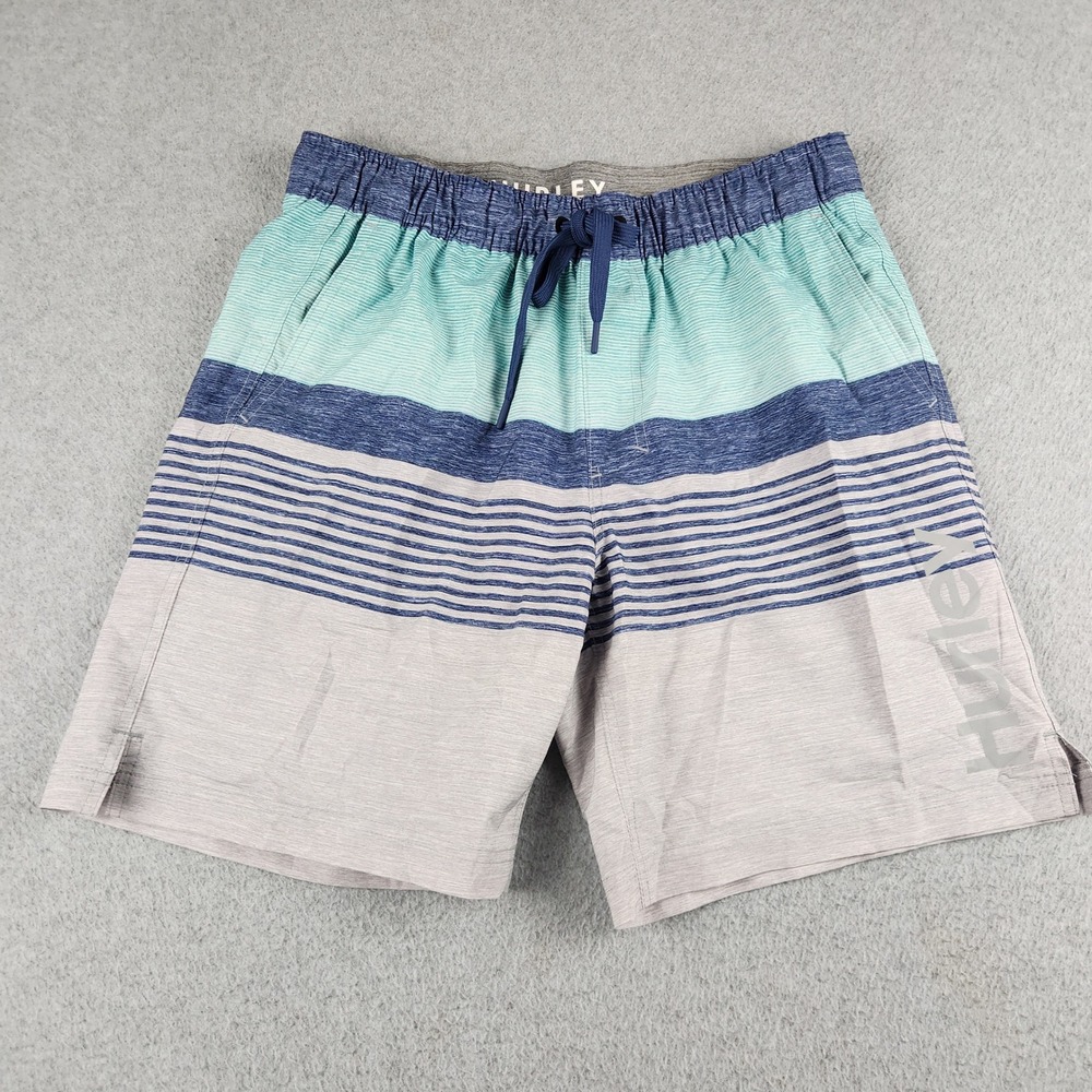 Hurley Swim Trunks Shorts Men L Blue Striped Stretch Mesh Lined Drawstring Waist
